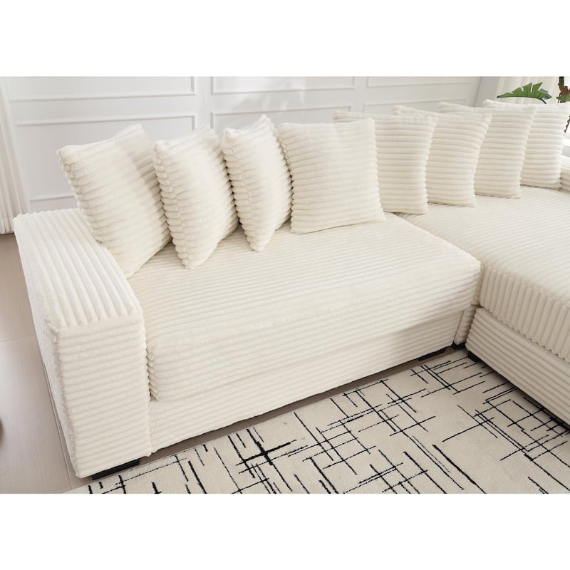 Oversized Two-Piece L Shaped Corduroy Sofa with Right Chaise Daybed and Eight Throw Pillows, Beige