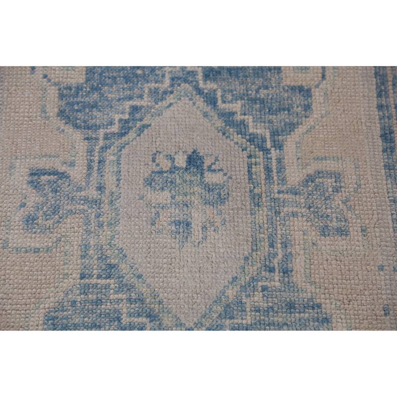 Hand Knotted Oriental 100% Wool Carpet Transitional Geometric Navy Blue & Blues Oushak Runner Rug - 17' 2'' X 3' 4''