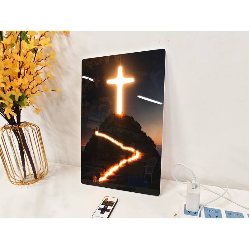 Christian Cross LED Wall Art - Acrylic UV Printed Light Up Religious Picture with Remote Control