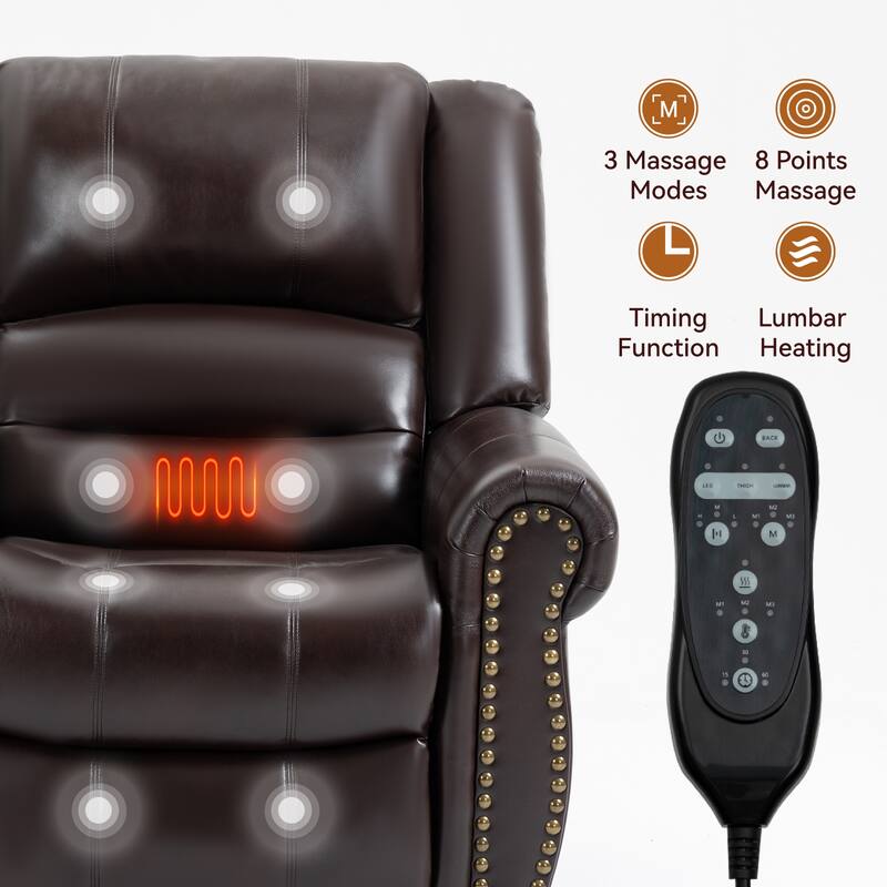 Brown Faux Leather Power Lift Recliner with Heat Massage, USB, and Infinite Recline