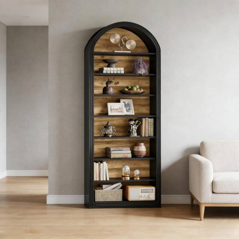 8-Tier Arched Bookshelf with Two-Tone Finish, Sturdy MDF Bookcase with Closed Back for Living Room, Study, or Kitchen