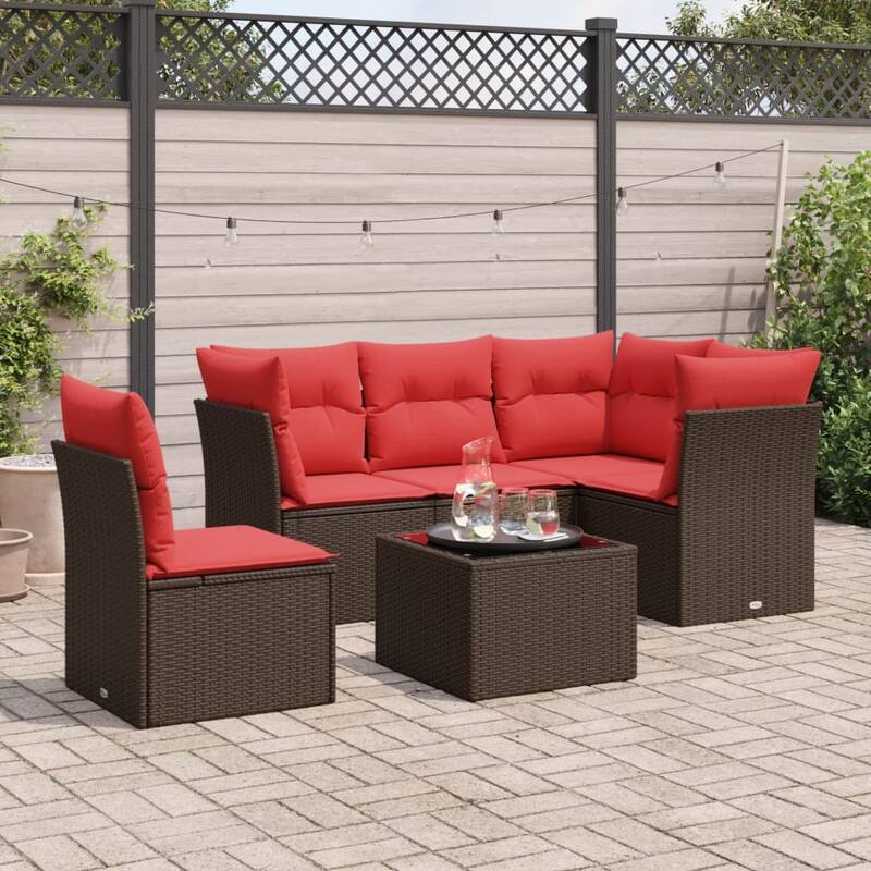 vidaXL 5/6 Piece Patio Sofa Set with Cushions Brown/Gray Poly Rattan - 24.4 x 24.4 x 27.2 - Brown and red With table