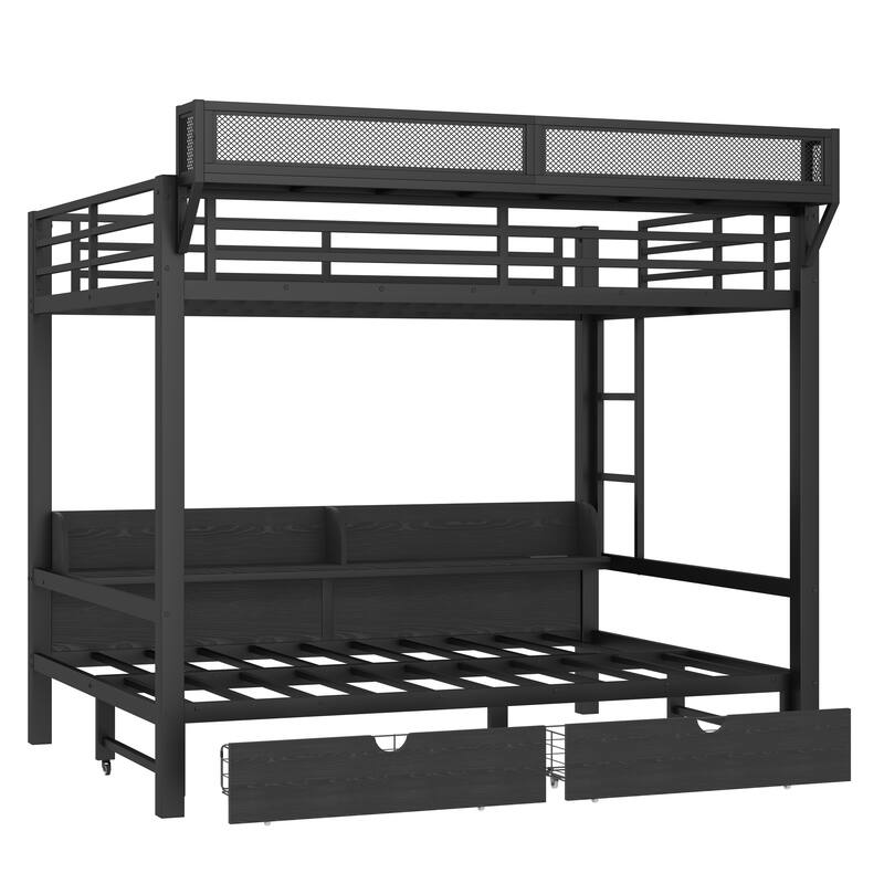Queen over Queen Bunk Bed with Storage Shelves & Drawers, USB Ports & LED Lights, Convertible Sofa Lower Bed