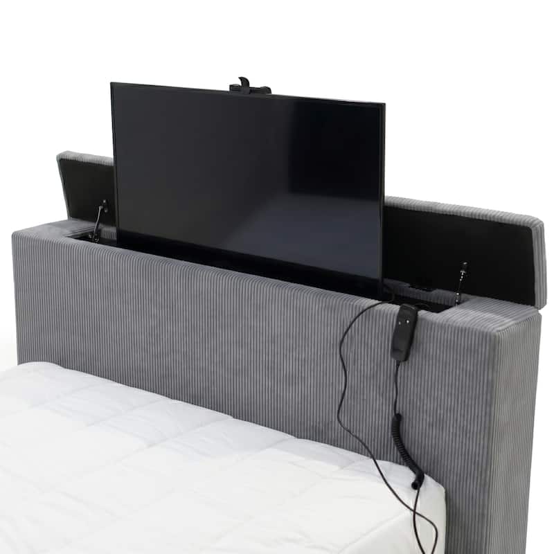 Furniture of America Gaia Modern Chenille Bed with 50-inch TV Lift and 3D Fireplace Simulator