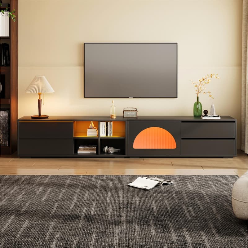 Wood Storage TV Stand with Open Shelves, Sliding Door TV Console w/ 2 Drawers, LED Entertainment Center for TVs Up to 100"
