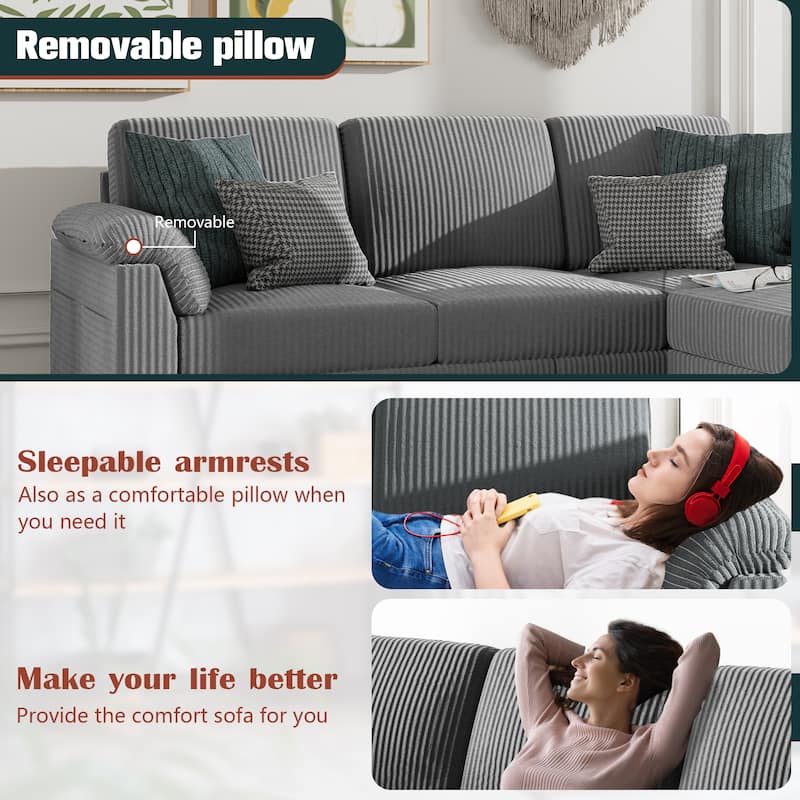 Futzca 79'' Corduroy Sectional Sofa Couch with Removable Pillow