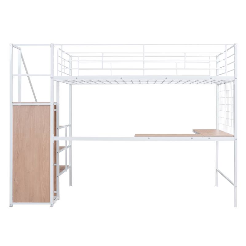 Full Size Metal Loft Bed with L-Shaped Desk, Wardrobe & Storage Ladder, White