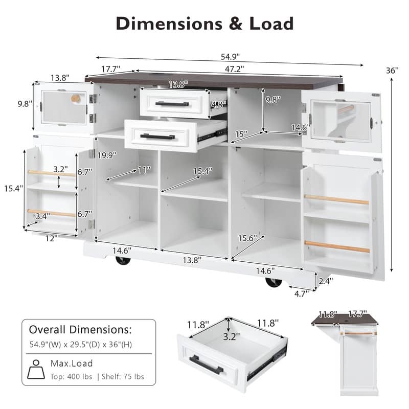 Kitchen Island with Drop Leaf, Power Outlet, 4 Door Shelves, Rolling Kitchen Island