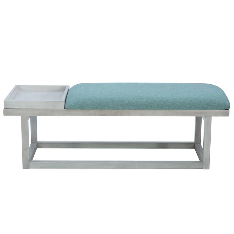 Upholstered Cushioned Bench with Storage Tray - 52" - White and Aqua Blue