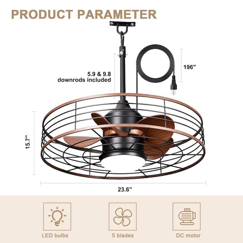 Bella Depot 23" Industrial Outdoor Ceiling Fan with Light and Remote for Courtyard, Bathroom, Corridor Caged Ceiling Fan - 23.6"