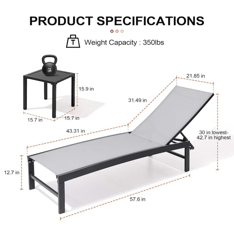 Outdoor Patio Adjustable Chaise Lounge Chairs with Side Table Set