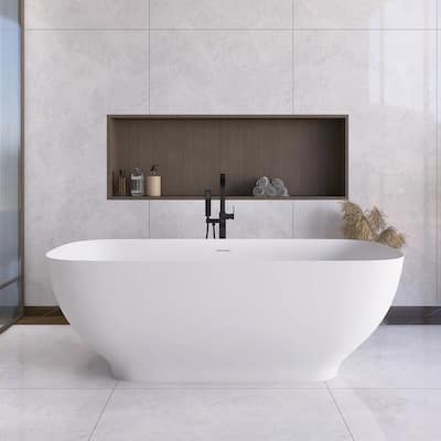 Stone Resin Freestanding Soaking Bathtub with Overflow in Matte White