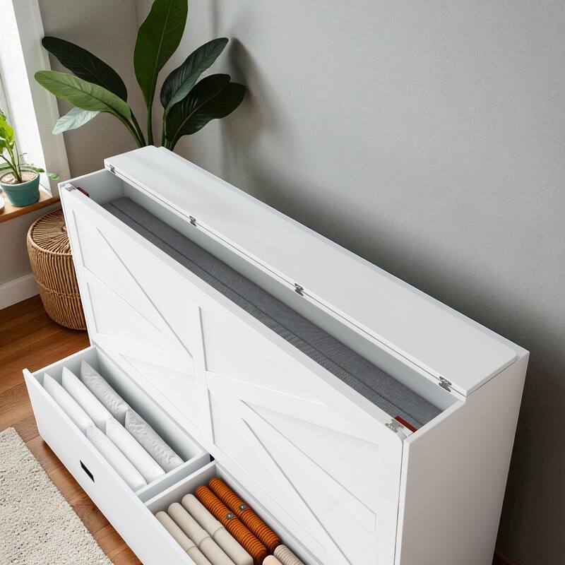 57" Murphy Bed with Storage Drawers, Charging Cabinet, Foldable Panels & Lockable Wheels, Full Size Wall Bed for Guest Room