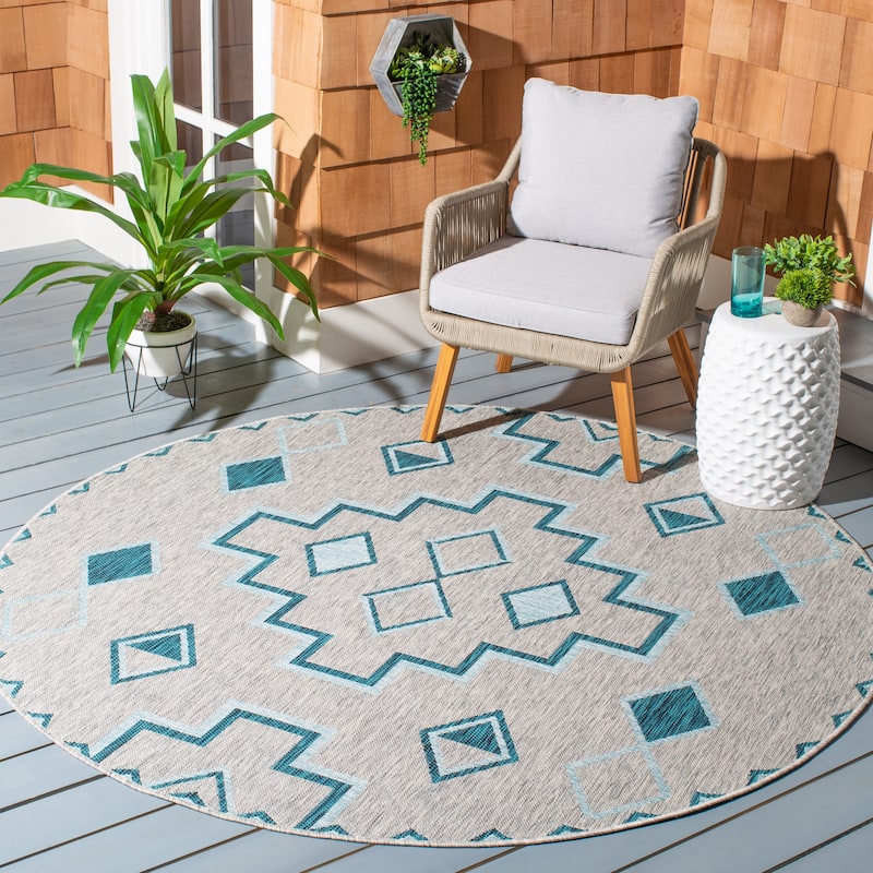 SAFAVIEH Courtyard Cemre Indoor/ Outdoor Waterproof Patio Backyard Rug - 6'7" Round - Grey/Teal