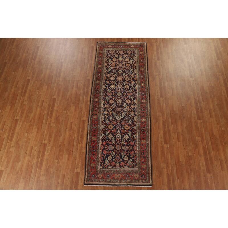 Hand Knotted Oriental 100% Wool Carpet Traditional Geometric Navy Blue & Blues Mahal Runner Rug - 10' 11'' X 3' 11''