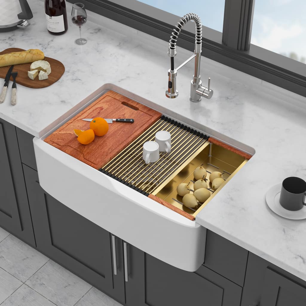 33" White Farmhouse Kitchen Sink Workstation - 33 x 21 x 10 inch White Porcelain Ceramic Sngle Bowl Kitchen Sink