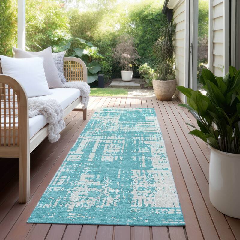 Machine Washable Indoor/ Outdoor Chantille Abstract Solid Rug - Aqua - 2'3" x 7'6"