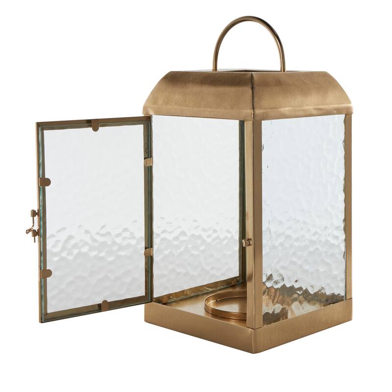 Gold Metal Indoor Outdoor Candle Lantern with Pebbled Glass