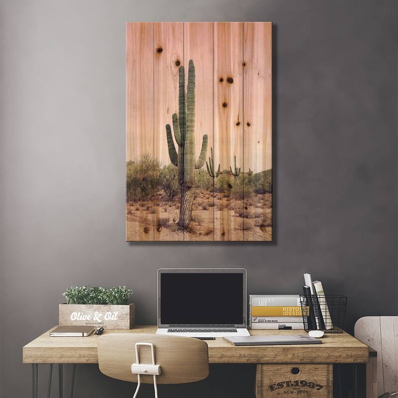 Desert Cactus Blush Print On Wood by Sisi & Seb - Multi-Color