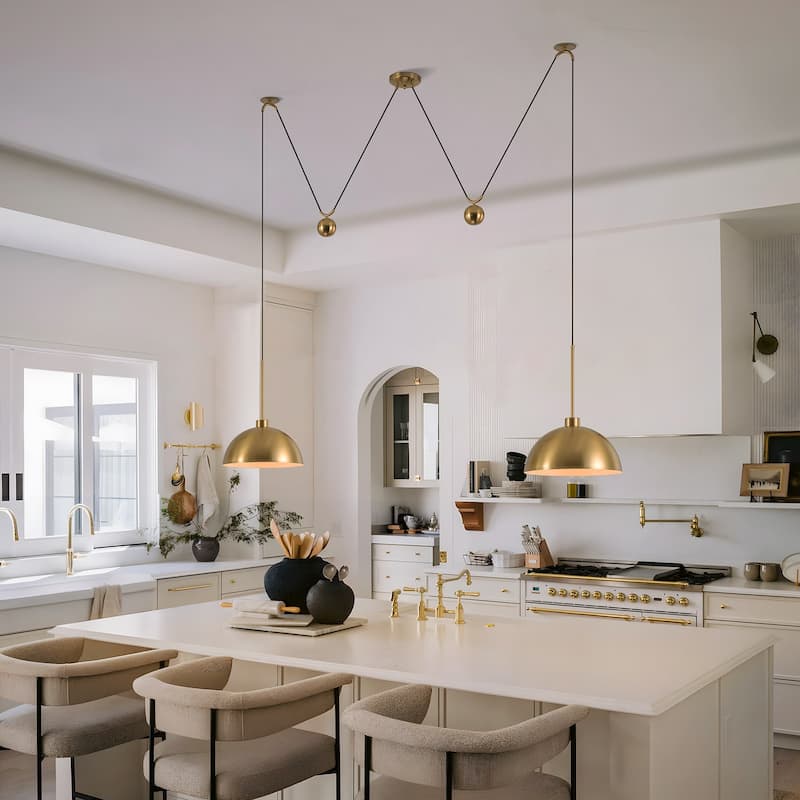 Starsky Modern 2-Light Pendant Island Light Fixture, W-Shaped Hanging Lights with Adjustable Cord and Metal Sliding Weights - Brass