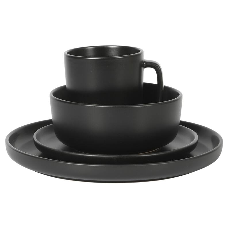 Gibson Home Zuma 16 Piece Stoneware Plates, Bowls, & Mugs Dinnerware Set - Matte Black