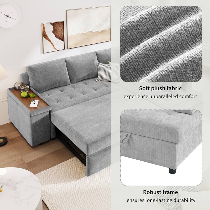 91.5'' L-Shaped 4 Seater Sectional Sofa Couch with Pull-Out Bed, Hidden Storage and Functional Armrests, for Living Room