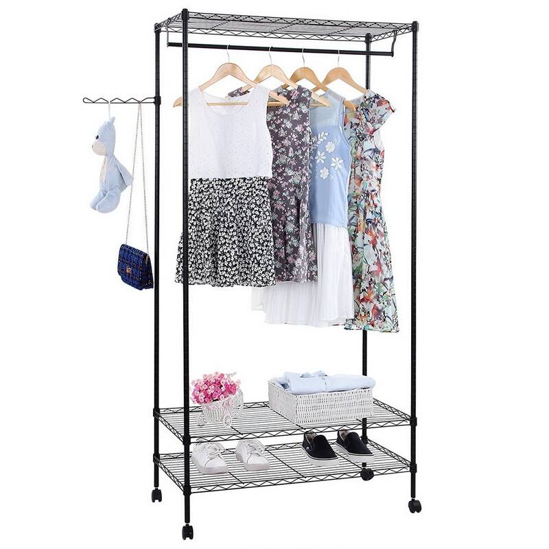 2-Tier Closet Organizer Garment Rack Clothes Storage Hanger Shelf with Hooks