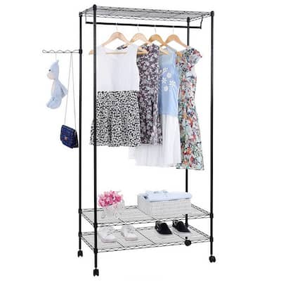 2-Tier Closet Organizer Garment Rack Clothes Storage Hanger Shelf with Hooks