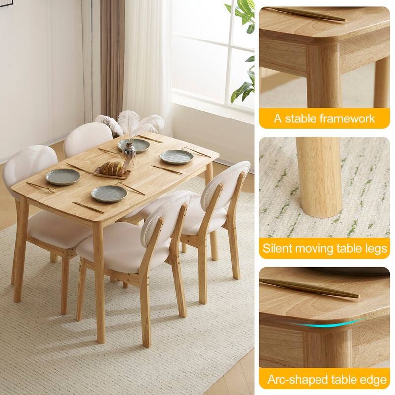 Mid-Century Wood Dining Set with Fabric Chairs,5-Pcs Set,Natural Oak Finish