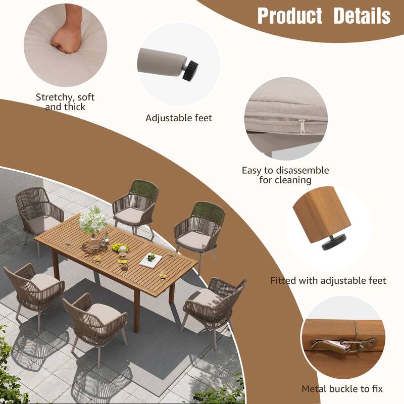Outdoor Patio Dining Set PE Wicker Arm Chair and Extendable Dining Table (7-Piece Set)