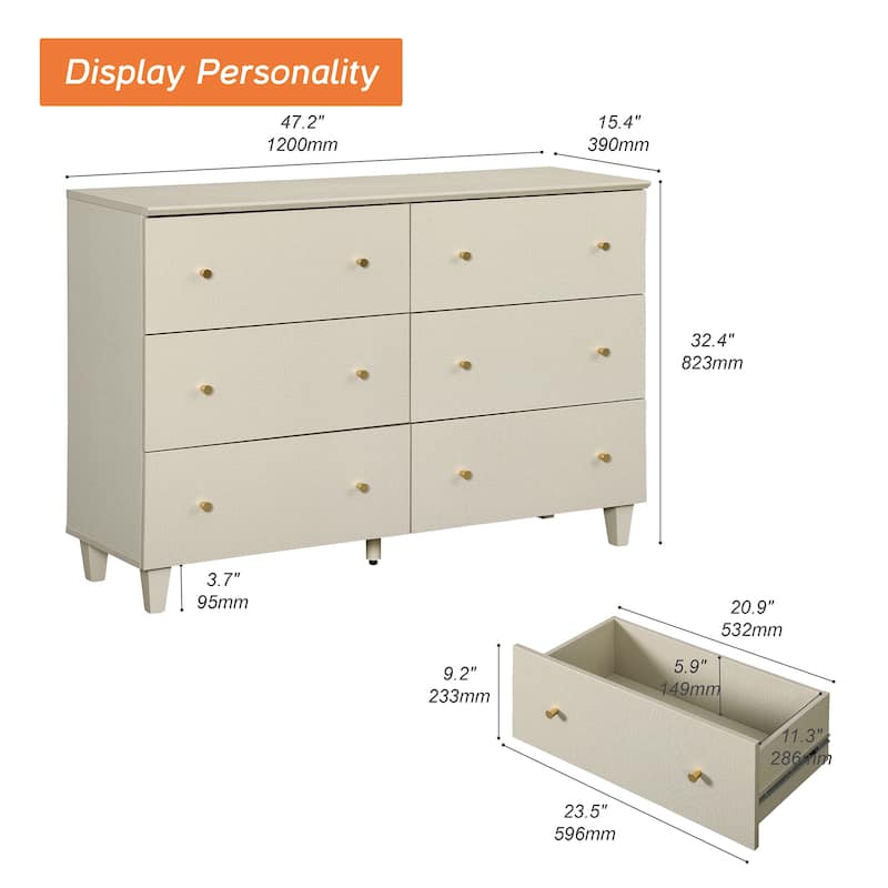 6 Drawers Dresser for Bedroom, Wooden Wide Chest of Drawers