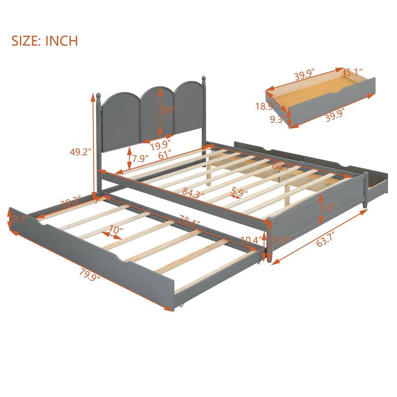Queen Size Curved Wingback Platform Bed with 2 Drawers and Trundle Bed