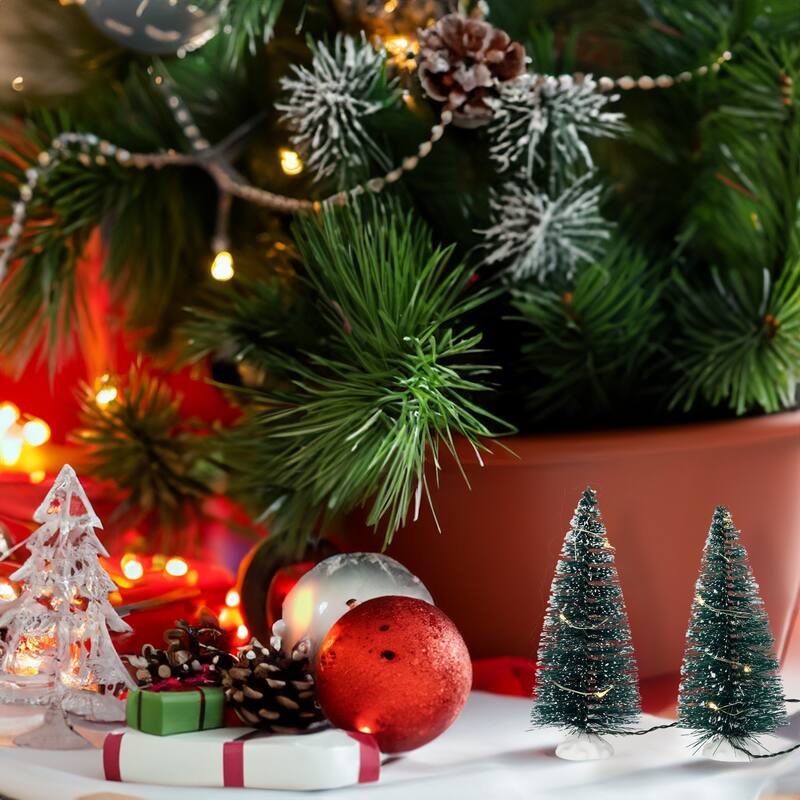 2 LED Frosted Mini Bottle Brush Pine Christmas Village Trees - 6"