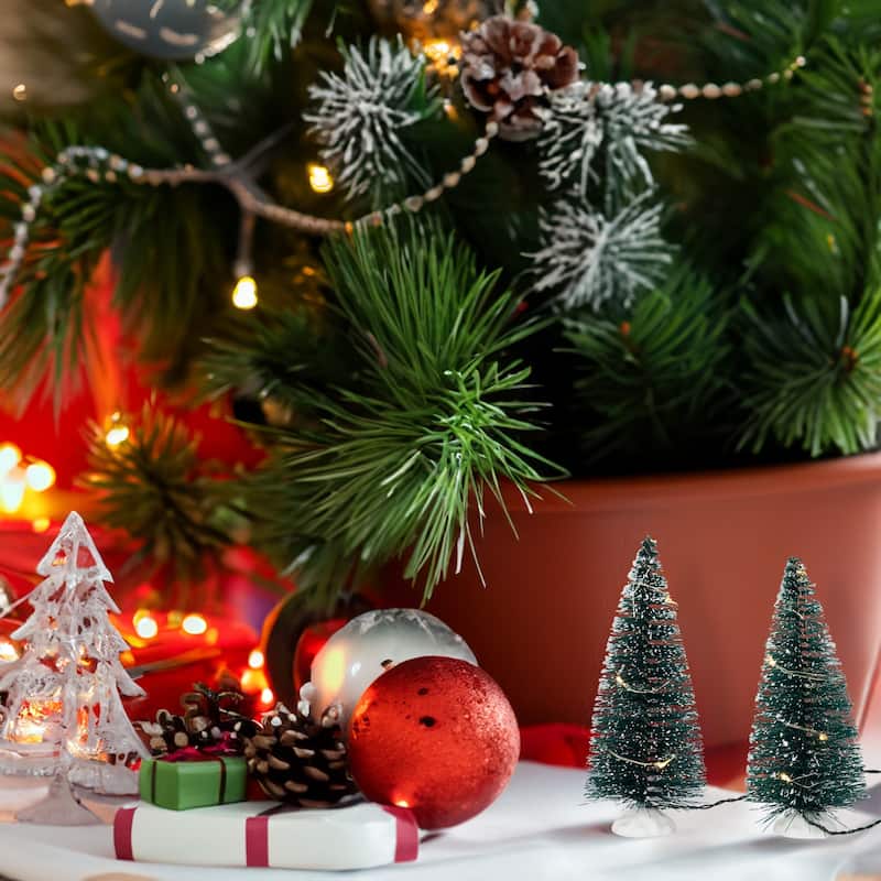 LED Lighted Frosted Mini Bottle Brush Pine Christmas Village Trees - 6" - Set of 2