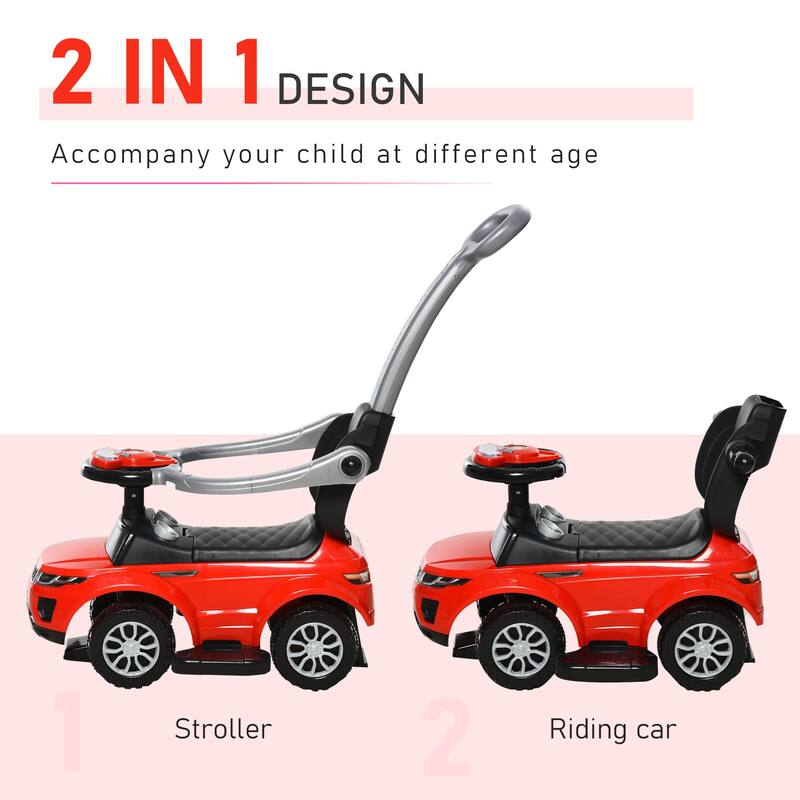 2-in-1 Toddler Push and Ride-On Car with Stroller Mode, Real Steering, Storage & Safety Guardrails - Red