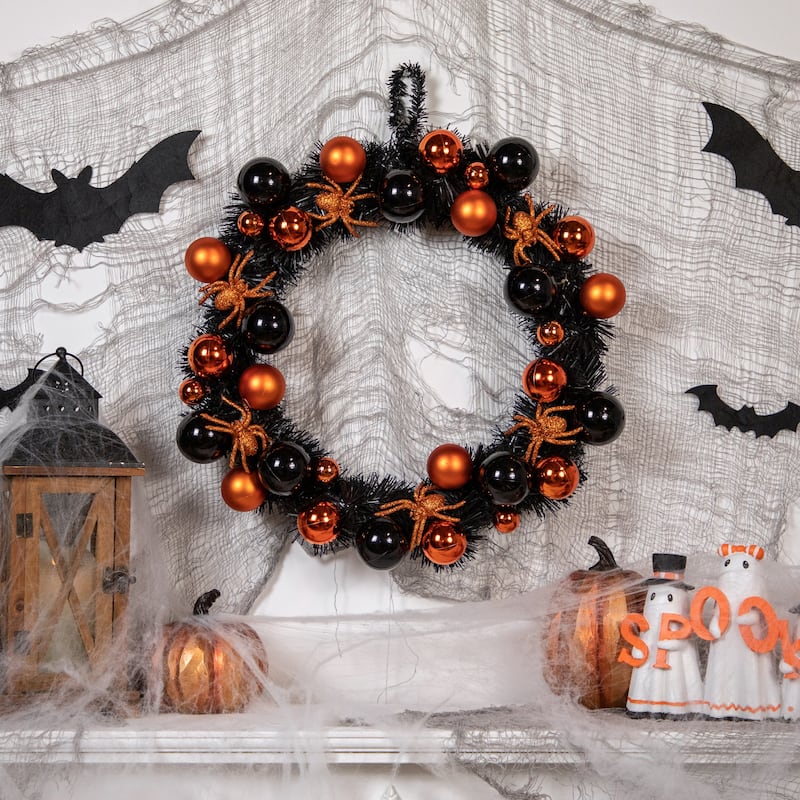 Orange Spiders and Ornaments Halloween Wreath 18-Inch Unlit
