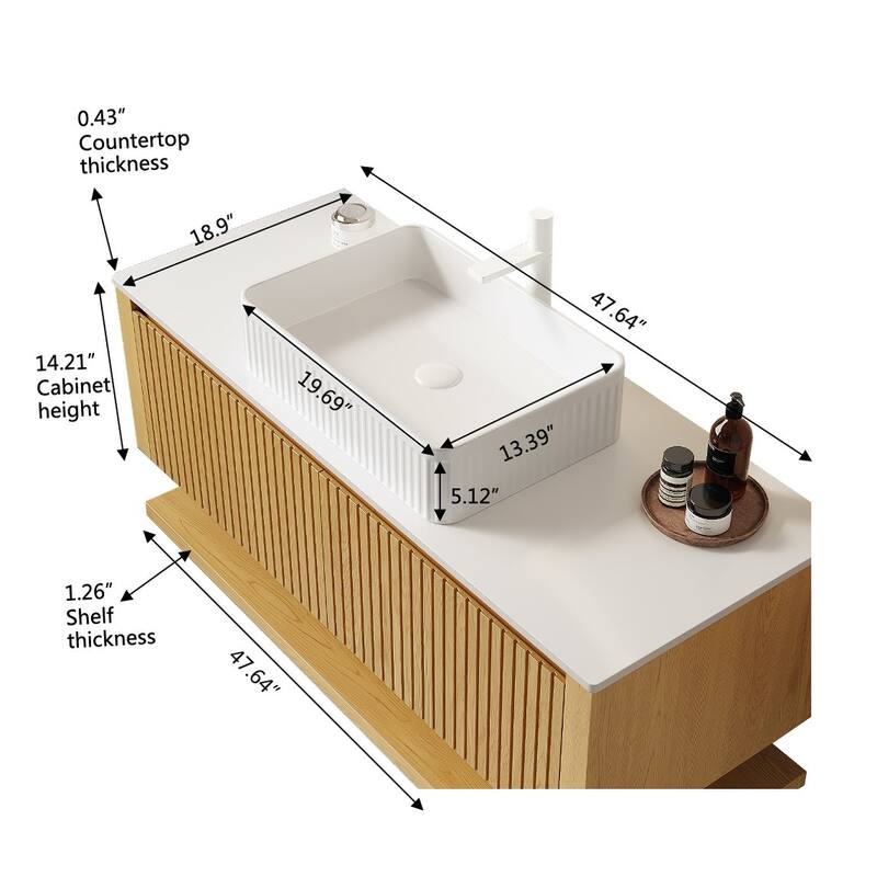 GDFStudio - Hizon Modern 48" Floating Bathroom Vanity with Ceramic Basin, Corolla Oak Finish & Open Shelf, WITHOUT Faucet