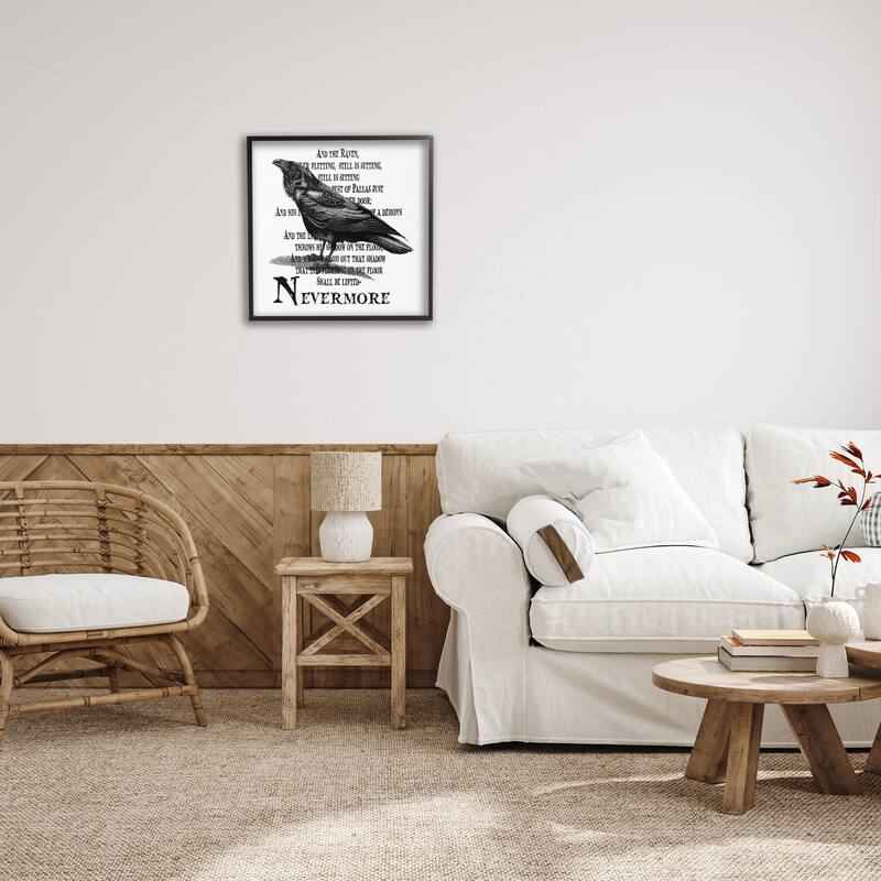 Stupell Black Crow Raven Creepy Halloween Text Quote Framed Wall Art - White