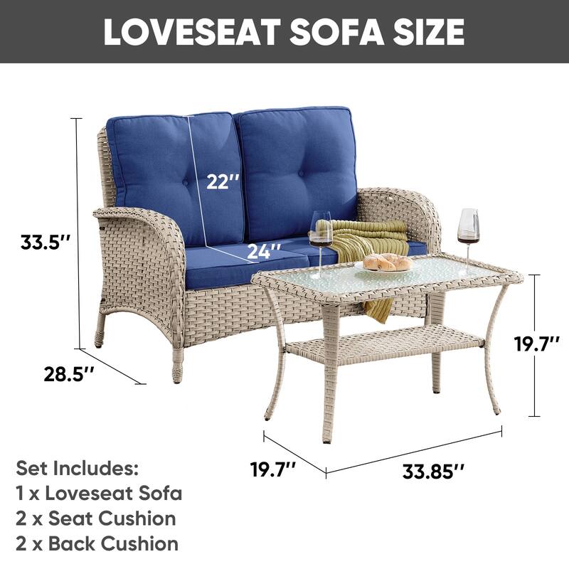 Pocassy Outdoor Patio Loveseat Sofa Couch with Coffee Table - Light Beige Wicker
