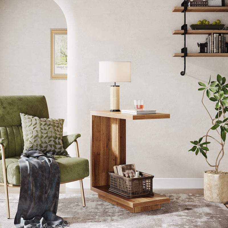 C-Shaped Side Table, 2-tier Narrow End Table with Sturdy Pedestal