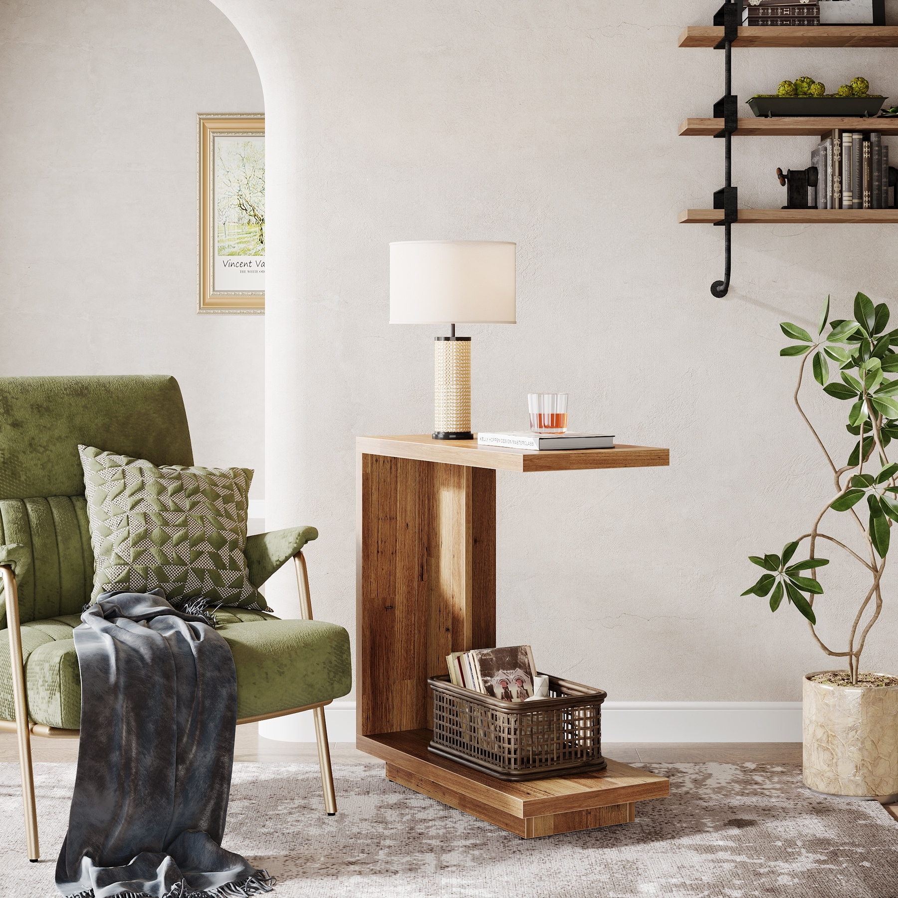 C-Shaped Side Table, 2-tier Narrow End Table with Sturdy Pedestal
