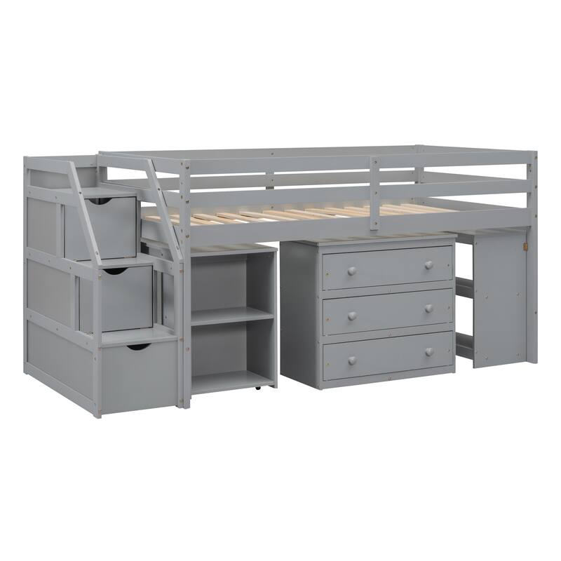 Solid Wood Loft Bed with Retractable Desk, Storage Stairs, Storage Drawers, and Shelves