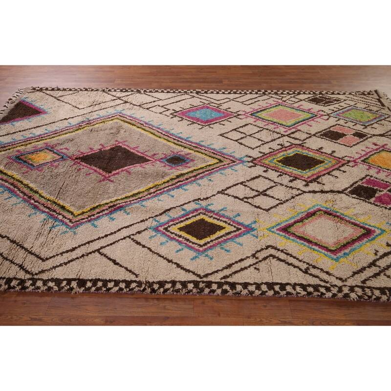 All-Over Plush Geometric Moroccan Area Rug Handmade Wool Carpet - 6'9" x 10'2"
