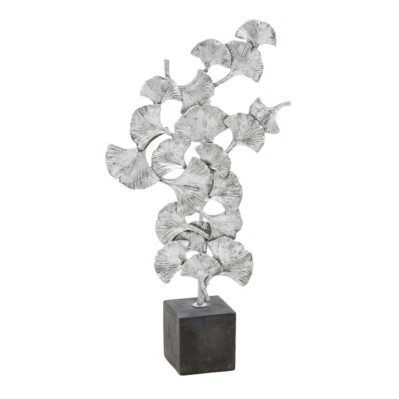 Polystone Floral Decorative Sculpture with Black Block Base - Silver or Gold - Roche River Decor - Silver - 10"W, 19"H