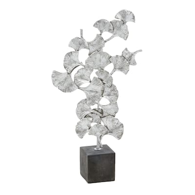 Polystone Floral Decorative Sculpture with Black Block Base - Silver or Gold - Roche River Decor