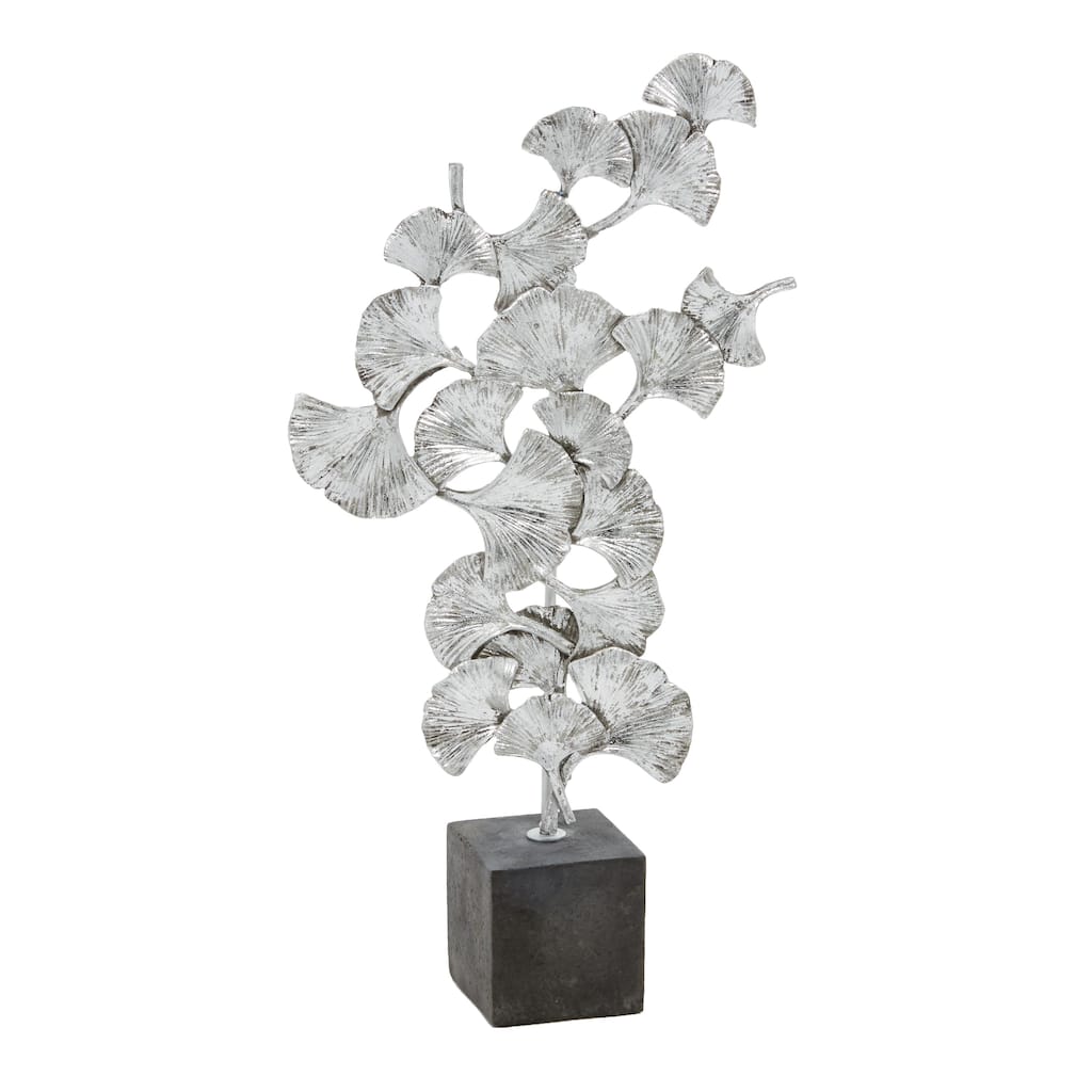 Polystone Floral Decorative Sculpture with Black Block Base - Silver or Gold - Roche River Decor