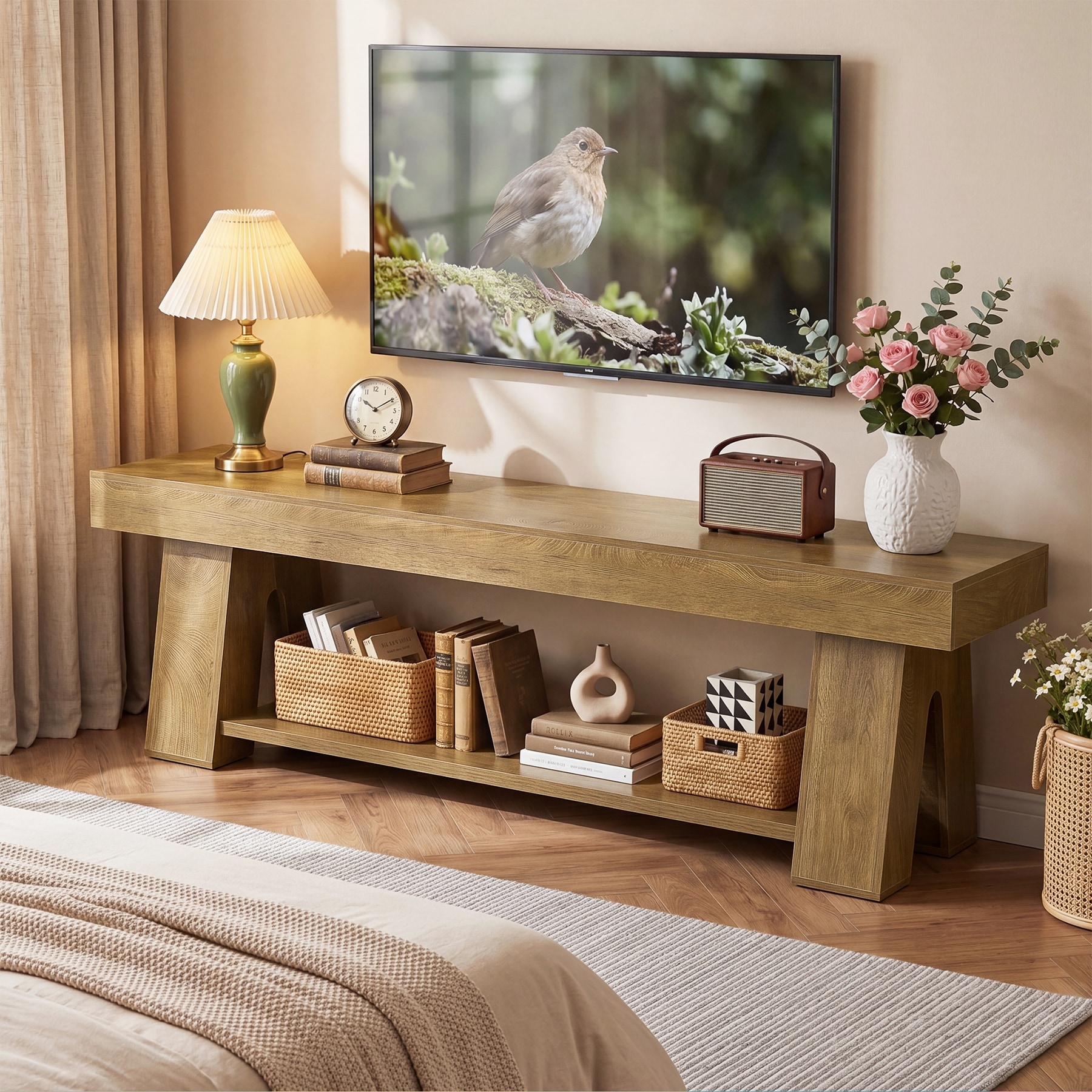 63-Inch Modern TV Stand for TVs up to 65 Inches, Natural Brown Wood-Look Media Console with Open Storage Shelf