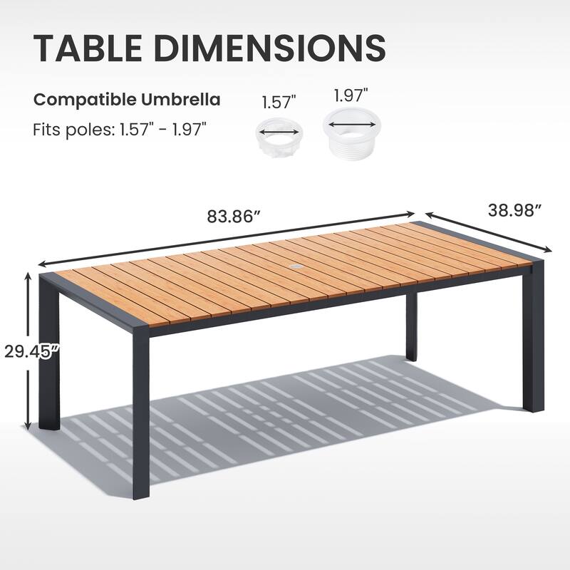 Outdoor All-Weather Aluminum Patio Rectangular Dining Table with Umbrella Hole
