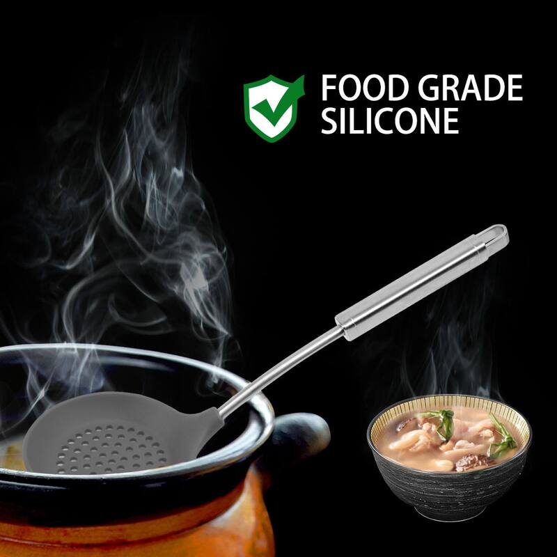 Silicone Skimmer Slotted Spoon Kitchen Stainless Steel Handle Utensil Dark Gray - 14.4"