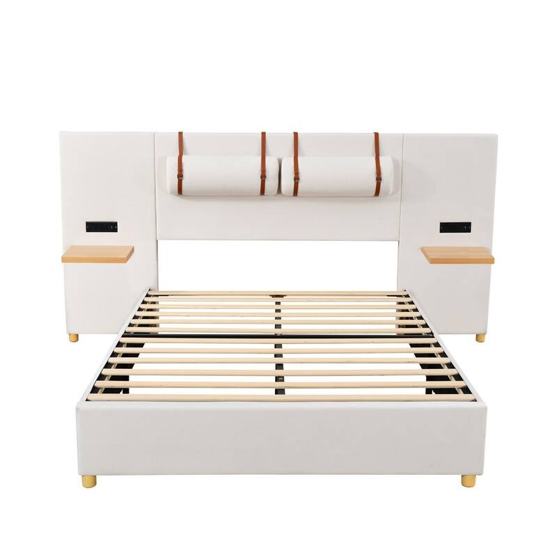 Velvet Upholstered Platform Bed with 2 Outlets,USB Charging Ports and Shelf